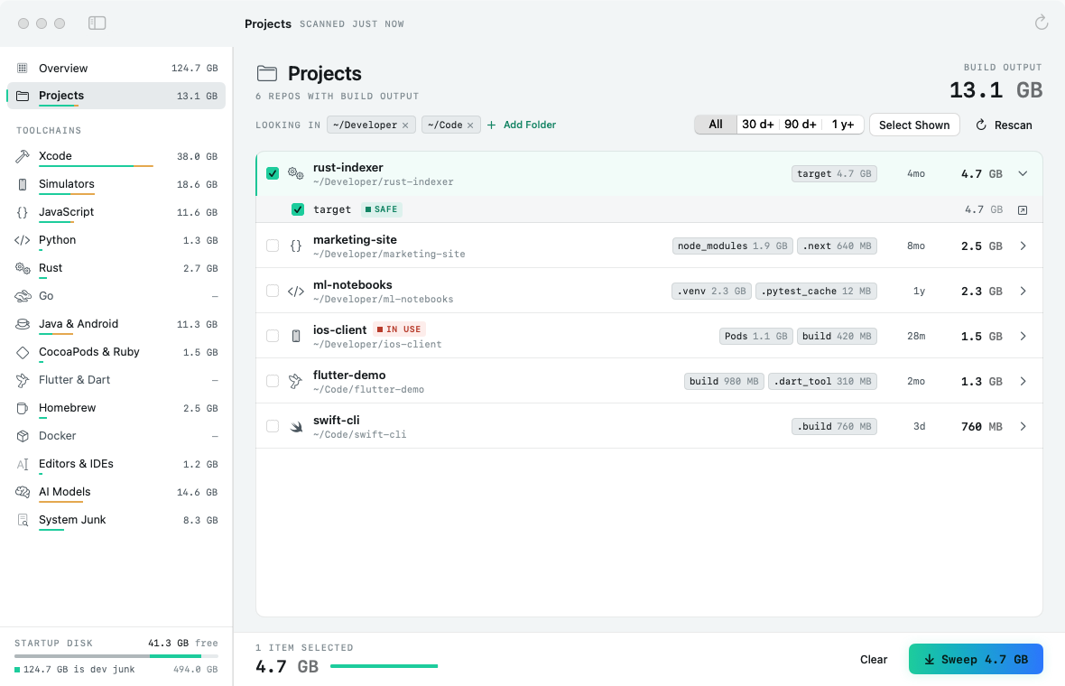DevSweep’s Projects screen listing repos with node_modules, target, Pods and .venv folders